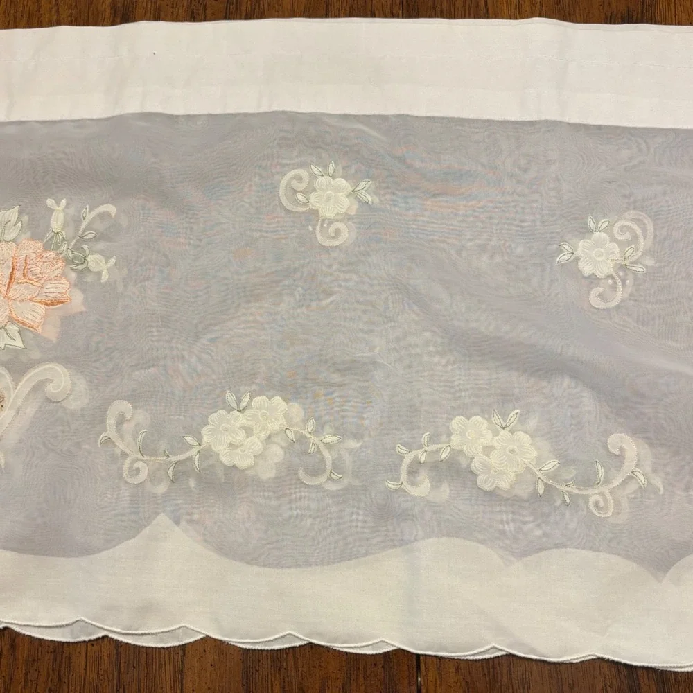 Vintage White Floral Embroidered Scalloped Sheer Tier and Valance Curtain Set